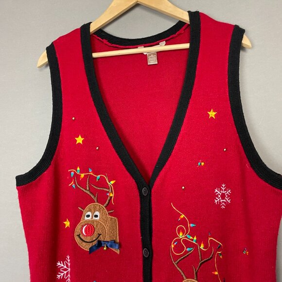 Vintage Christmas Sweater Vest Reindeer Embroider Applique Women Size 2X Holiday - Picture 4 of 12